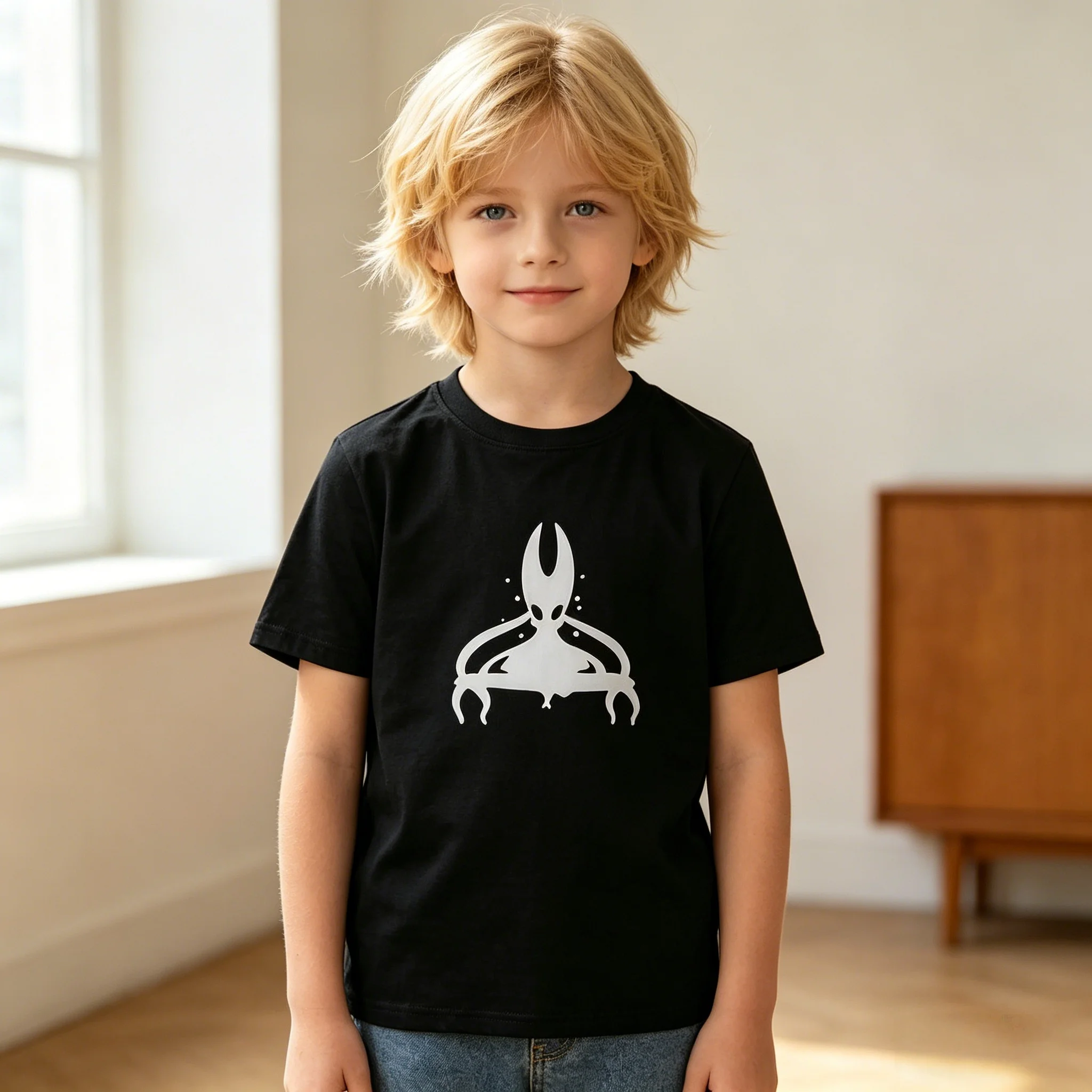 Hollow Knight Print Cotton Kids Short Sleeve T-Shirt Casual Loose Fit Soft Breathable All Season for Daily Outdoor Wear