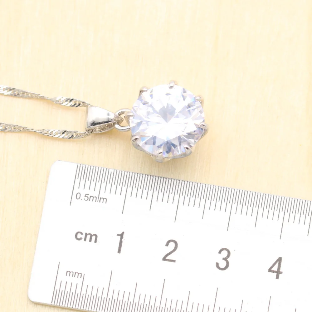 Classic Round White Zirconia  925 Silver Jewelry Sets For Women Necklace Pendant Earrings Rings USA Size Free Gift Box image 4