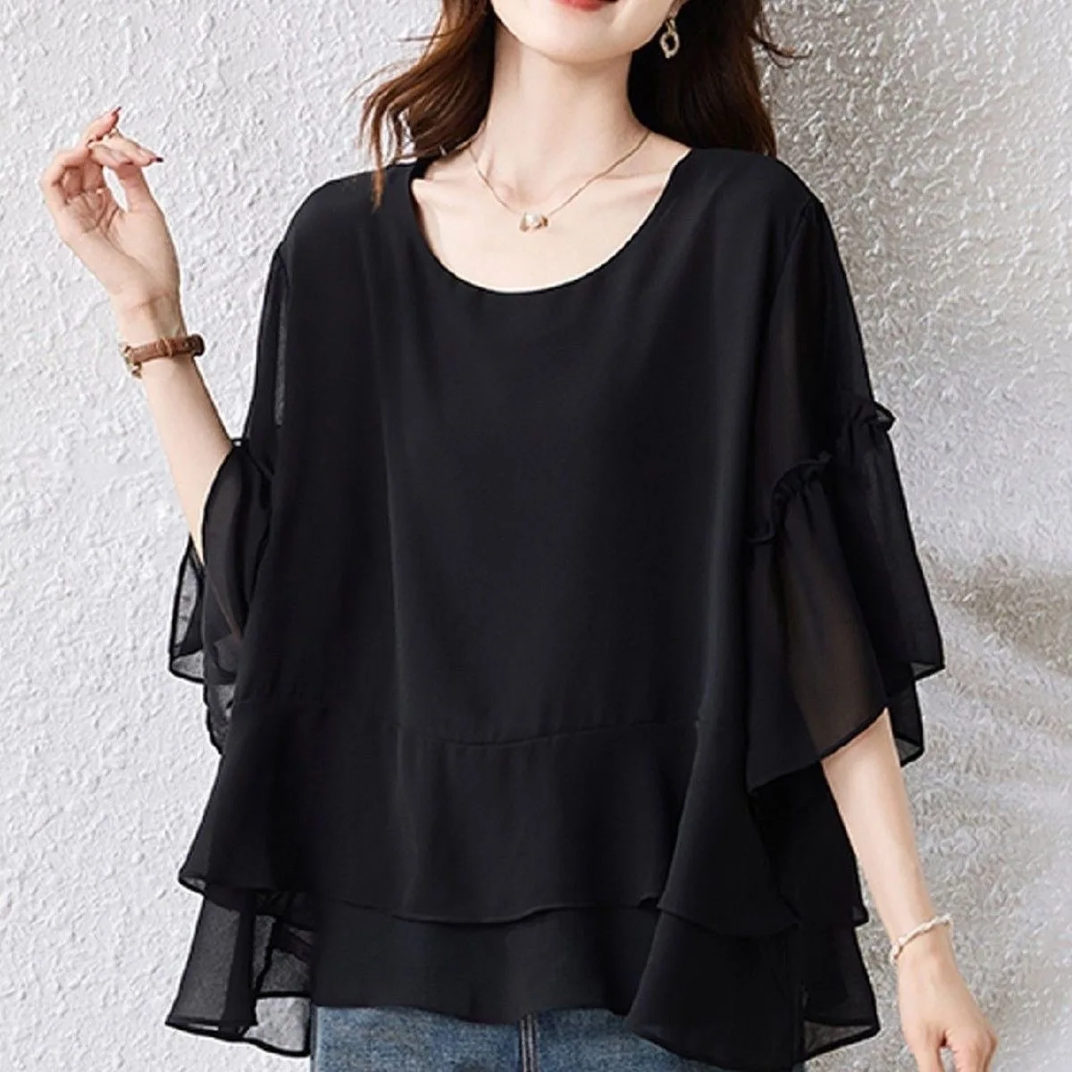 plus Size Women's Fashion Short Sleeve Loose Fit Shirt Early Autumn Flattering Belly Covering Slimming Chiffon Top Commute Style