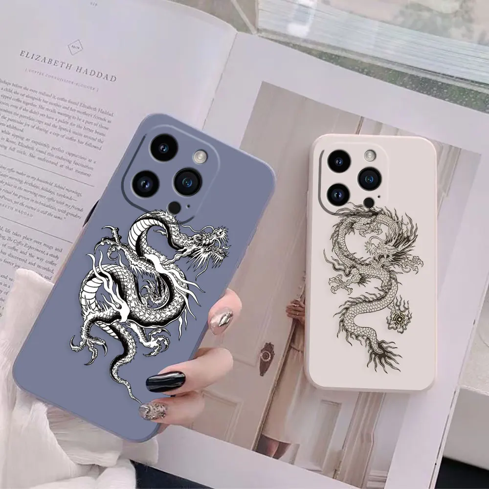 Chinese Dragon Pen Drawing Phone Case For iPhone 14 13 12 11 Pro XS Max Mini X XR SE 7 8 6 6S Plus Simple Liquid Case Funda Capa