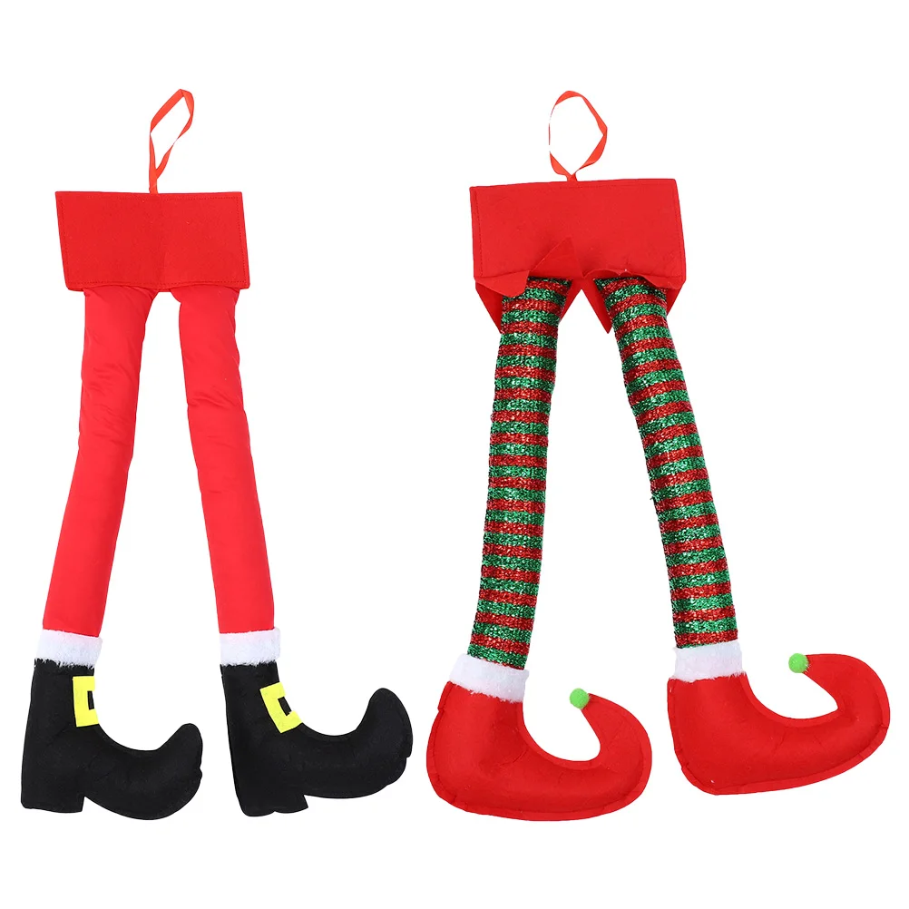 

2 Pcs Christmas Elf Legs Hanging Decor Red Cloth Office Hotel School Door Festive Atmosphere