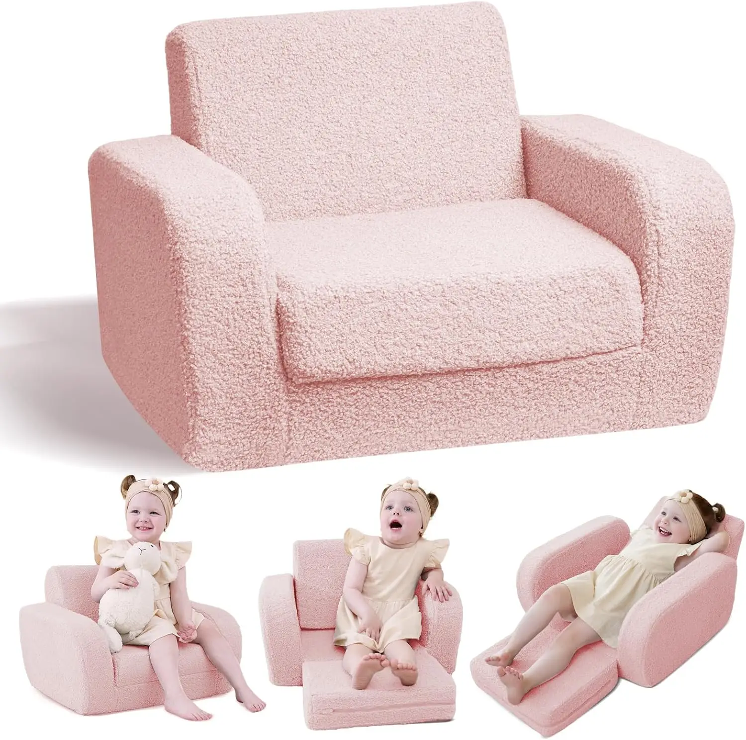 

3-in-1 Toddler Couch, Kids Plush Sofa Chair, Mini High Resilience Foam Couch Bed Fold Out for Kids 1-3 Years
