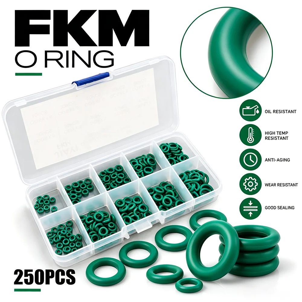 250 Pcs Green FKM Fluororubber O-ring Repair Box Wear resistant/Hydraulic Pneumatic Pipeline Sealing Accessories