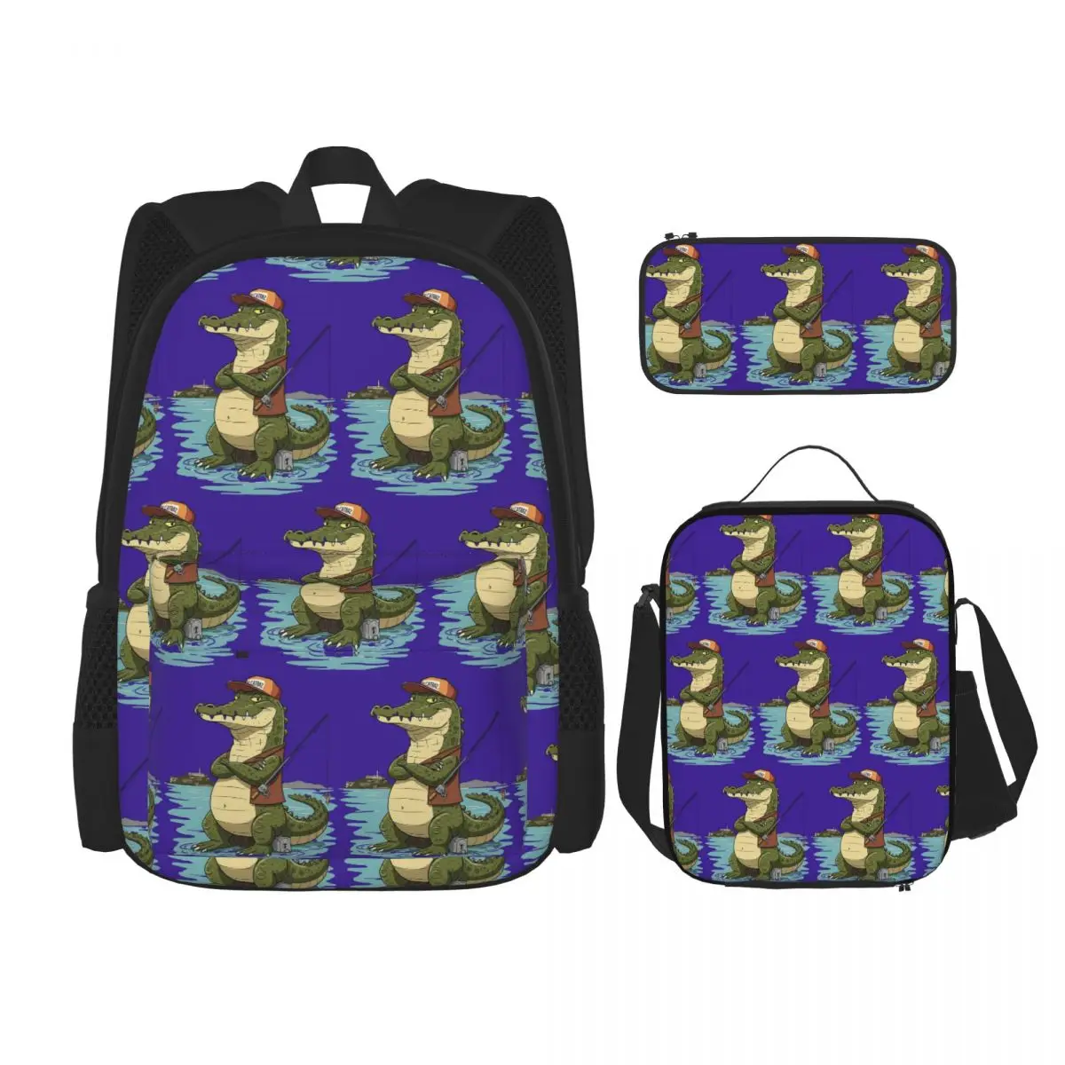 ALLIGATOR ALCATRAZ DESIGN Backpacks Children Bookbag School Bags Rucksack Lunch Bag Pen Bag Three-Piece Set
