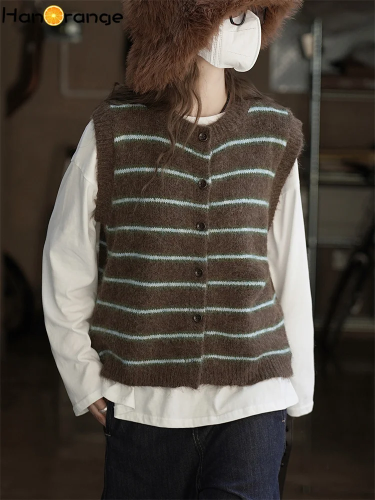 

HanOrange 2025, зимний ретро-модный полосатый шерстяной вязаный свитер на пуговицах, жилет, женский свободный топ без рукавов, верблюжий/кофейный