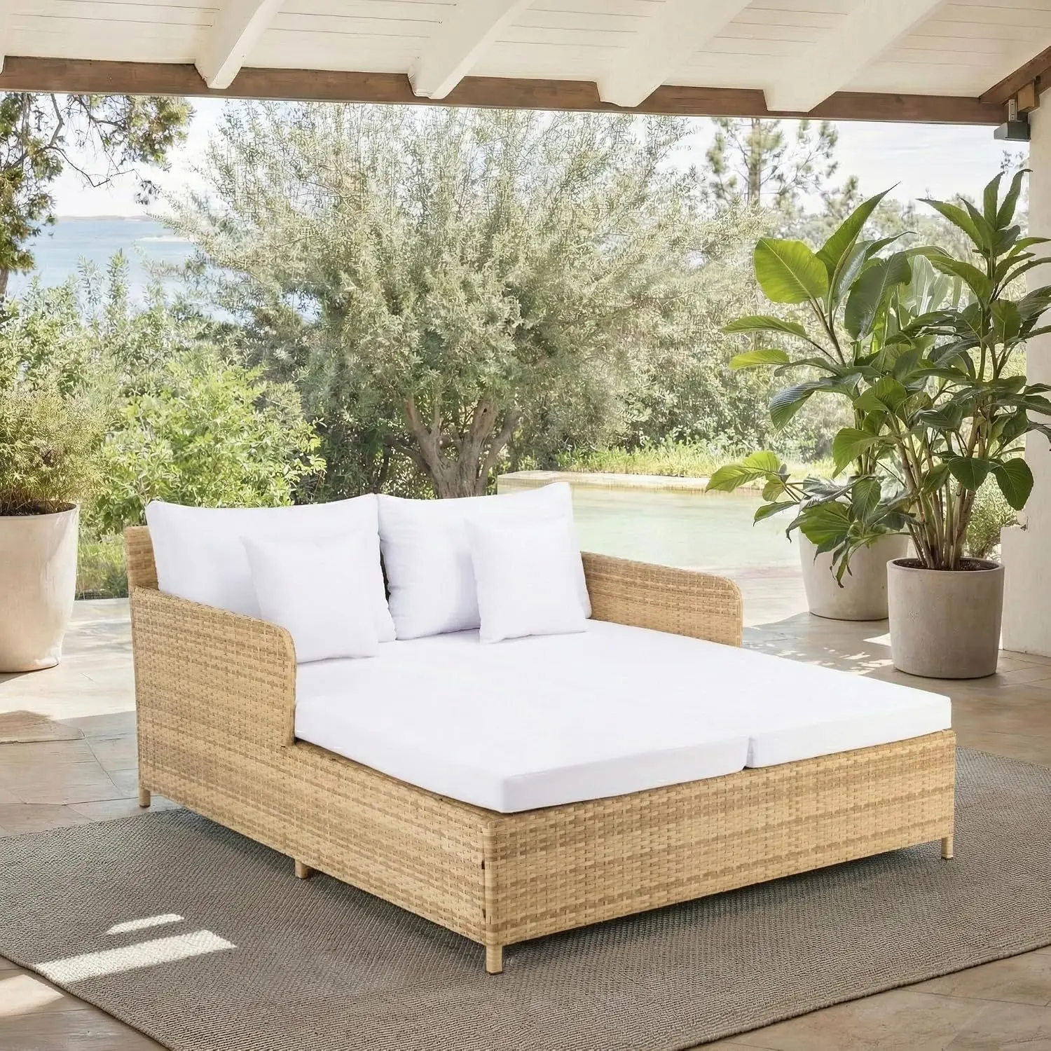 Outdoor Cadeo Daybed  Natural & White Steel Frame with Cushion  Deep Seat Resort Design with Pillows  Ideal, Customized