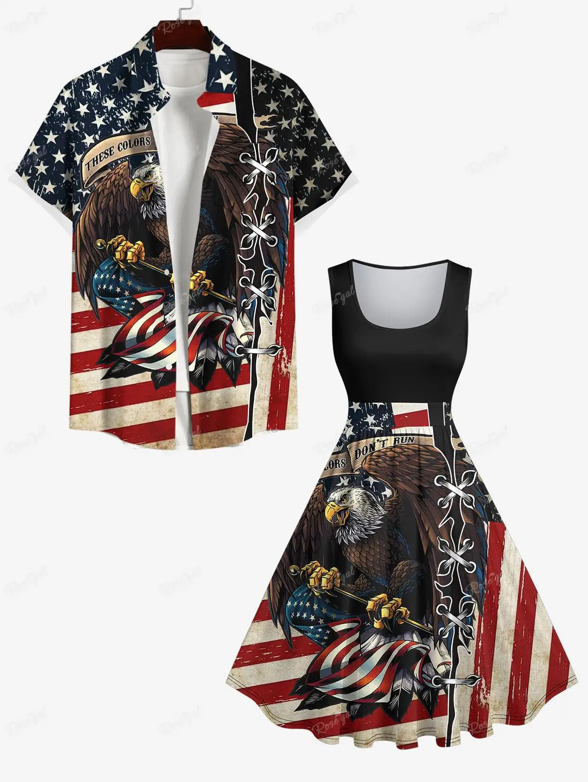 

Plus Size Matching Outfit For Couples Patriotic American Flag Eagle Lace Up 3D Printed Cinched Dress and Buttons Pocket Shirt