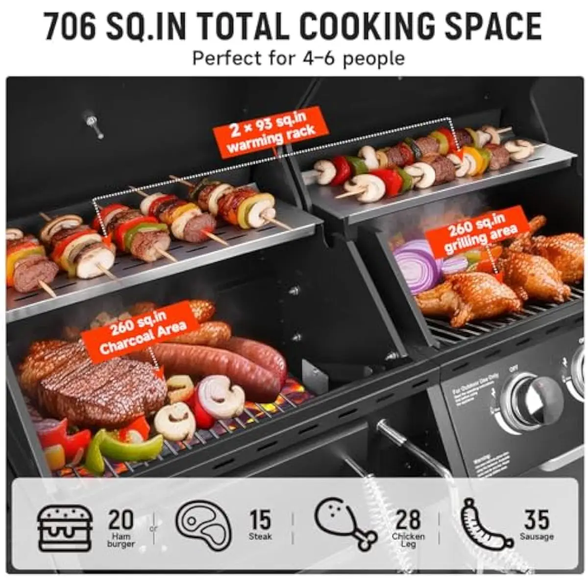 Triple-fuel outdoor cooking station with 30k BTU propane burners, 10k BTU side burner, charcoal chamber with adjustable tray, 70