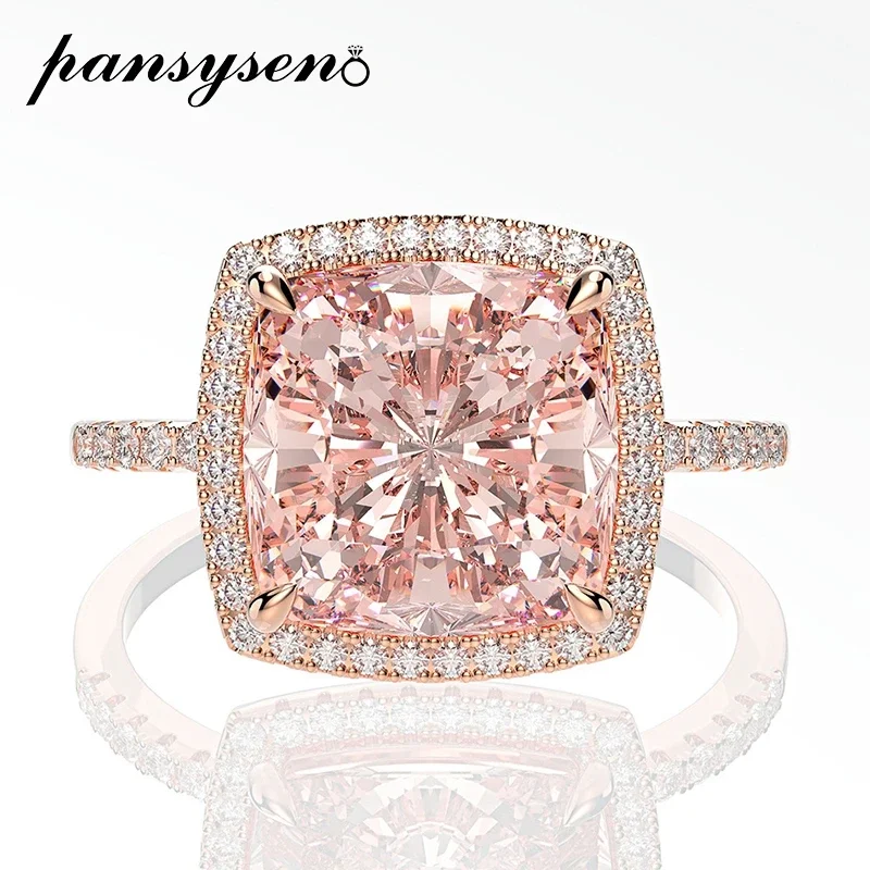 

PANSYSEN 10MM Square Morganite Gemstone Rings for Women Solid 925 Sterling Silver Sparking Cocktail Ring Wedding Fine Jewelry