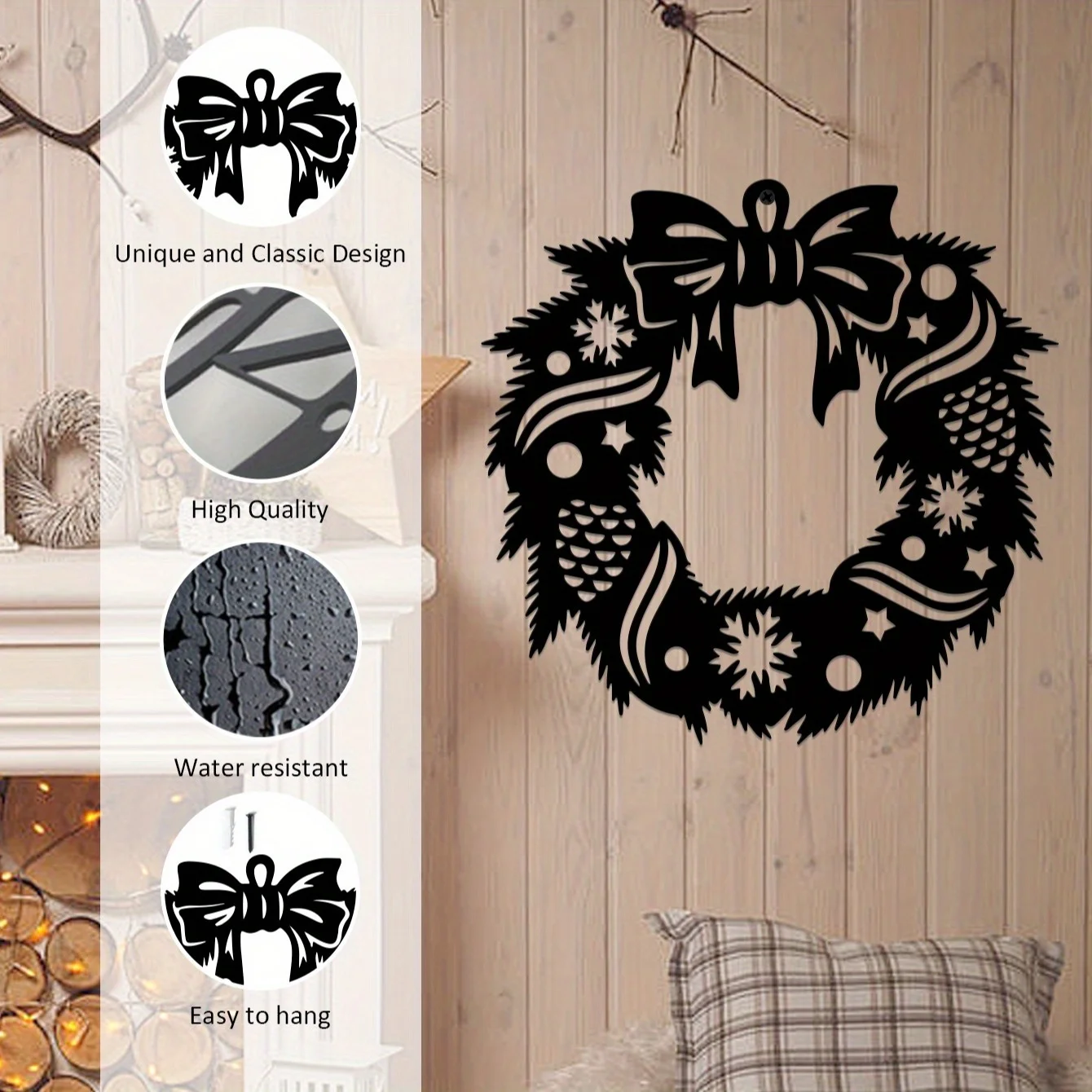 CIFBUY Iron Wall Decor Wrought Iron Bow Wreath Faux Floral Black Metal Artwork Rustic Farmhouse Vintage Hanging Sign for Living