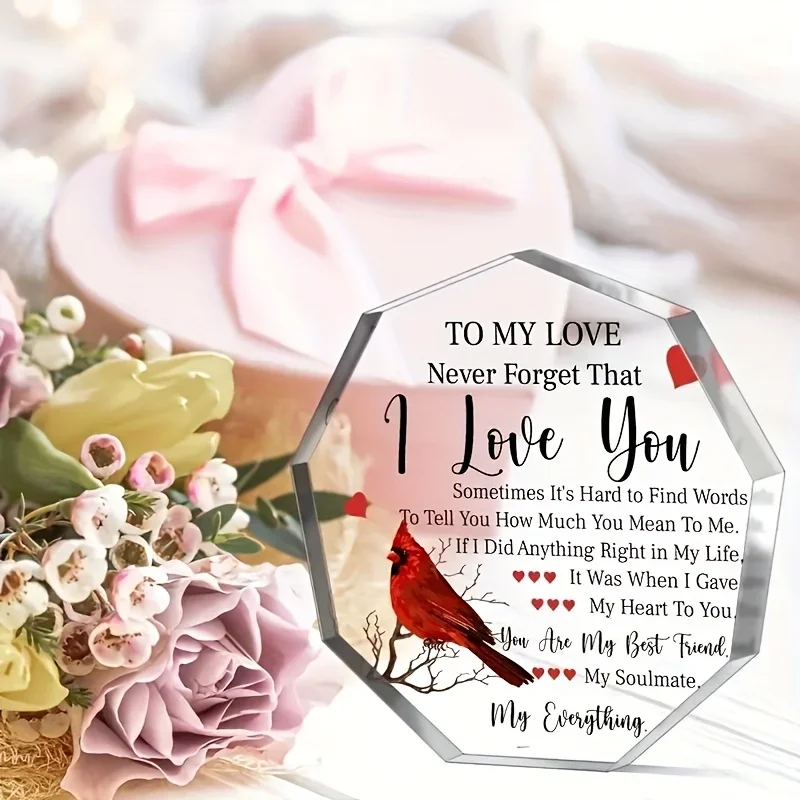 HELLOYOUNG Octagon Acrylic Tabletop Plaque To My Love Soulmate Red Bird Art Print Desktop Decor Romantic Present For Partner