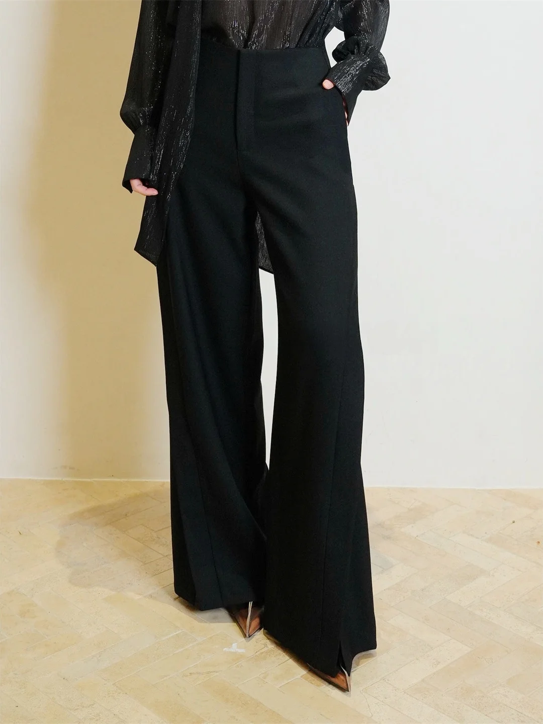 

Moss Yè Bla Asymmetrical Waist Wool Blend Wide Leg Pants Faionable Women's Set Long Sve Removable Conents