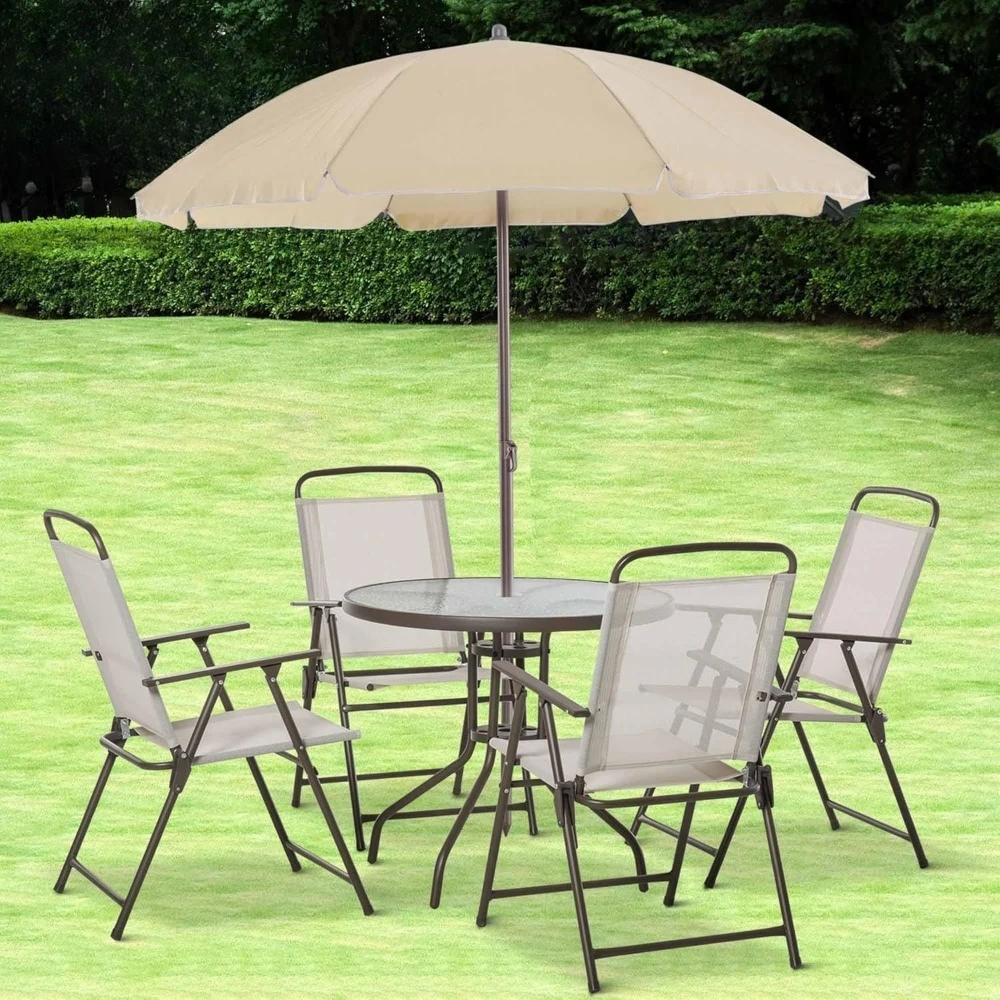 

6 Piece Patio Dining Set for 4 with Umbrella, Outdoor Table and Chairs with 4 Folding Dining Chairs & Round Glass Table
