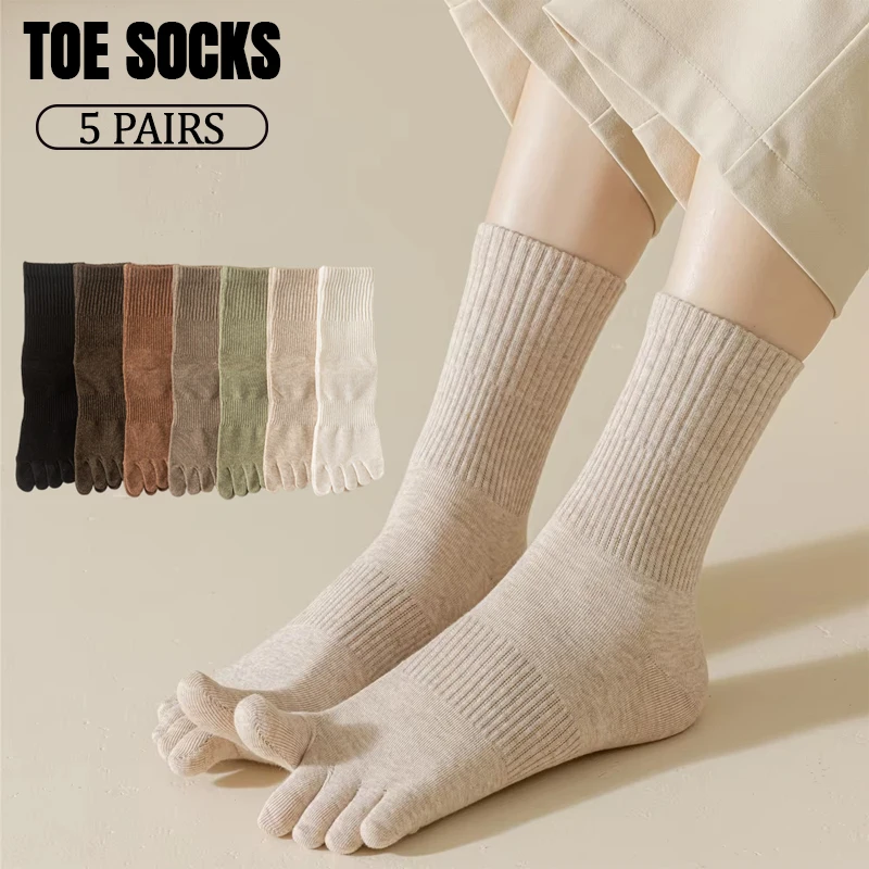 5 Pairs Women Five Fingers Socks 100% Cotton Solid Colour Ladies Split Toe Sports Socks Spring Autumn Harajuku Toe Tube Socks
