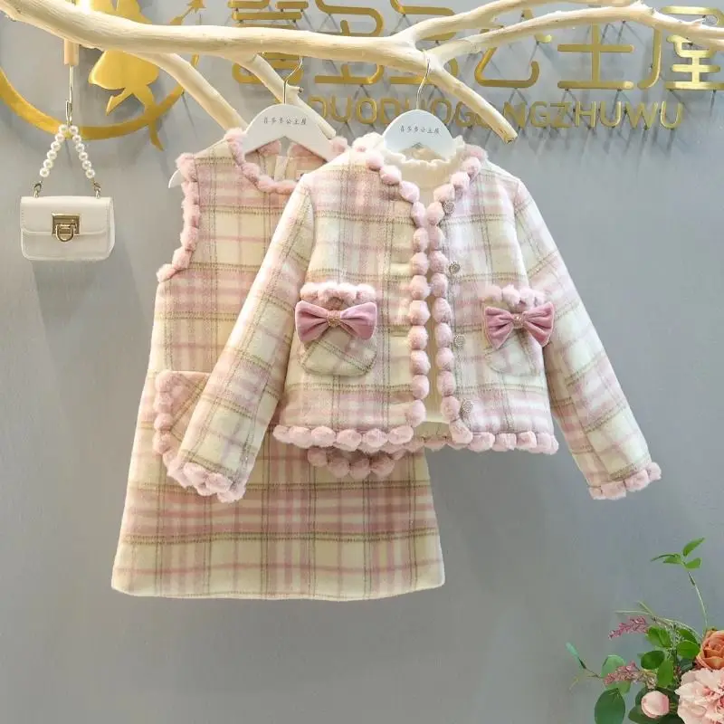 Kids Girls Princess 2pcs Clothes Set Autumn Winter Children Bow Plaid Blazer Thick Coat Outwear+Sundress Vintage Elegant Suit