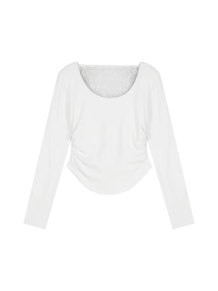 Lace Splice U-Ne Long Sve T-irt Women's Winter Slim Fit Pure Desire Sexy Elastic Thin Base Top Korean Sle Commute