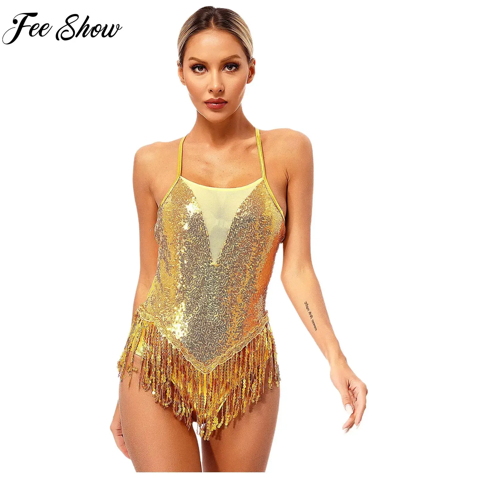 Sparkling Sequins Fringed Leotard เซ็กซี่ข้ามกลับบอดี้สูท Latin Dance ชุดบอดี้สูทสําหรับสตรี Dancewear Samba Cha-cha ประสิทธิภาพ