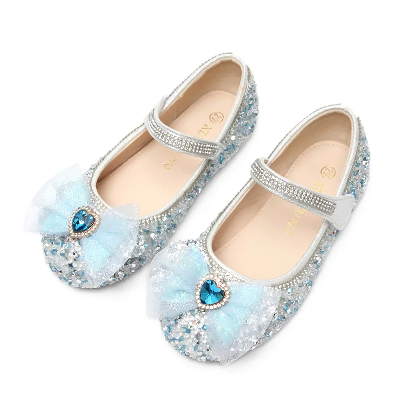 Sepatu pesta anak perempuan tari Bling pernikahan Mary Jane sepatu Round-toe dangkal berlian imitasi kinerja sepatu kulit Hook & Loop