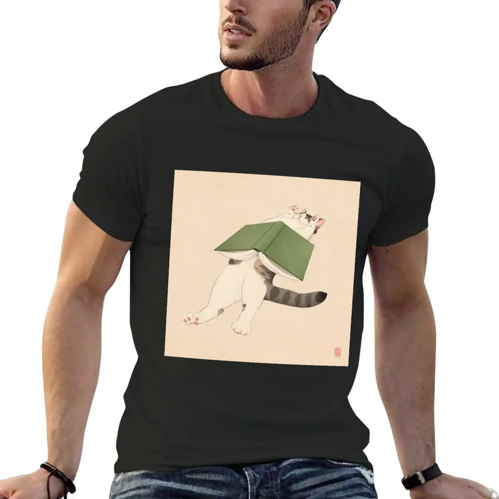 Sleepy Cat with Book on Belly T-Shirt baggy shirts essential t shirt anime mens cotton t shirts