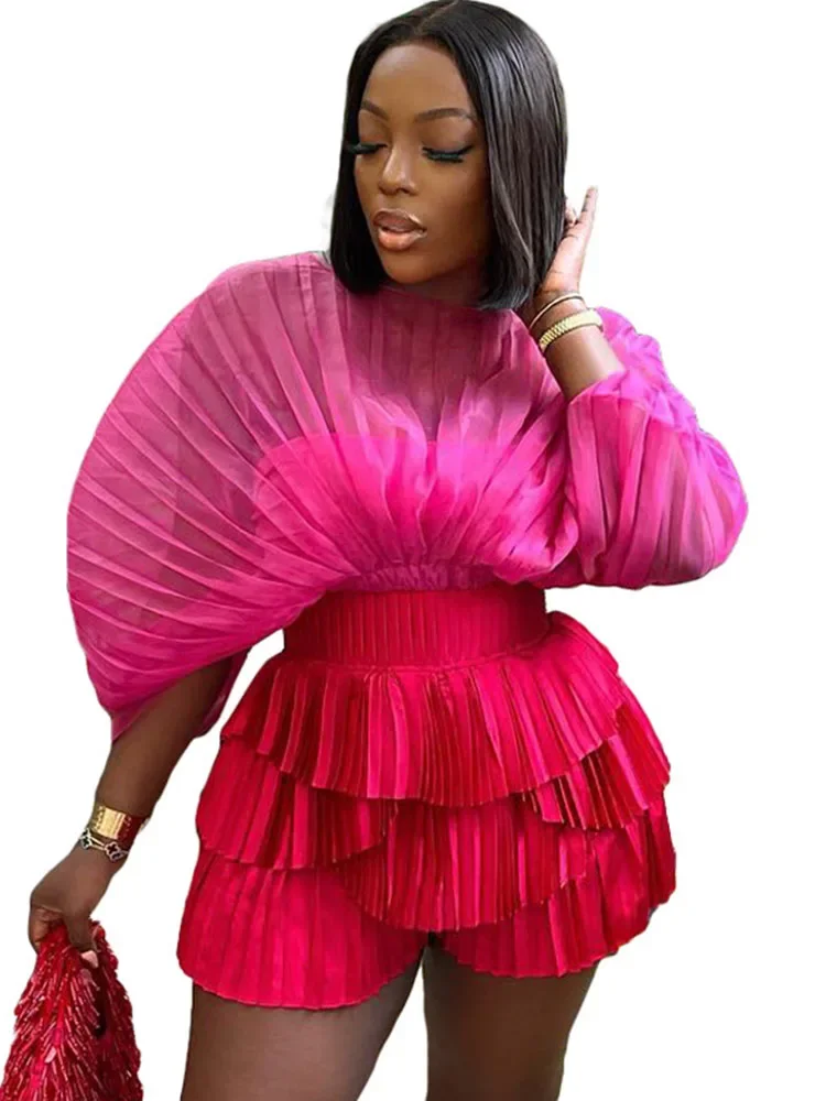 

Batwing Sleeve Two Piece Pleated Set Women For Party Sexy Mesh Tops And Ruffle Shorts High Waist See Through Night Club Outfits