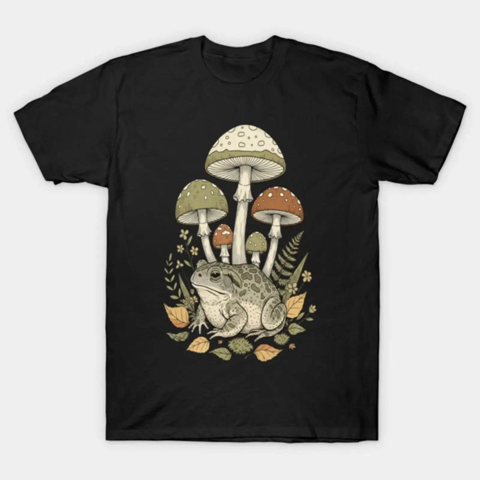 Toad with Mushrooms Autumn Leaves and Wildflowers T Shirt vintage Washed Breathable fashion Slightly streetwear Comfortable