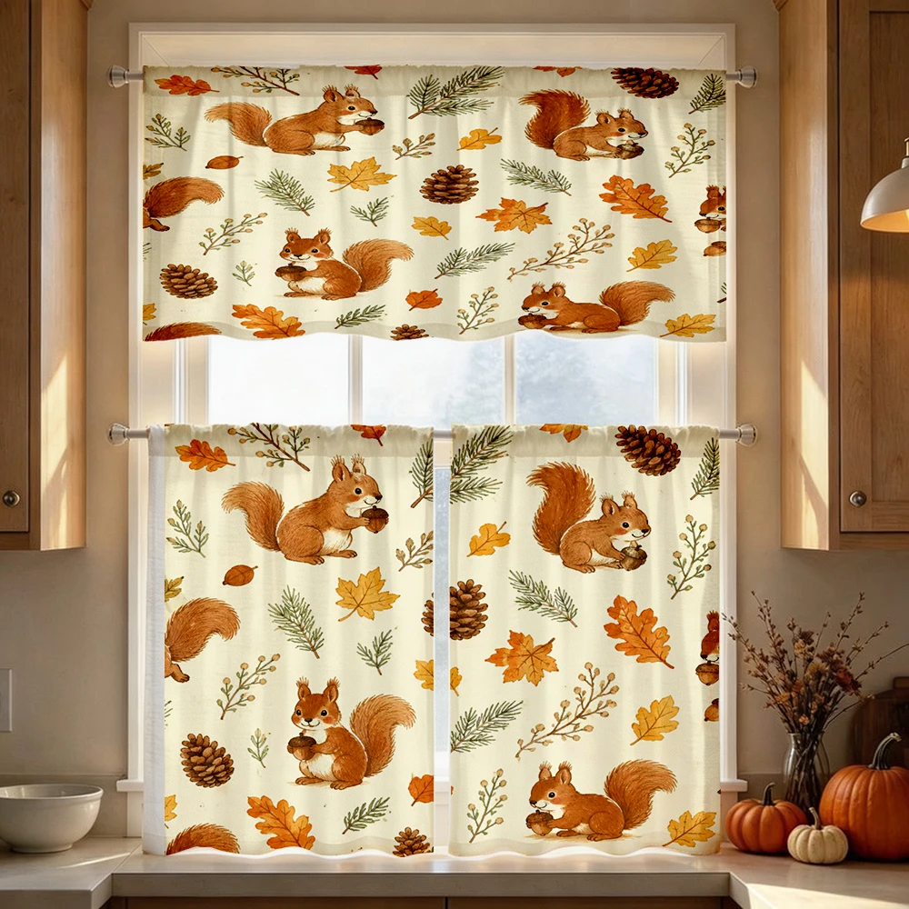 Fall Kitchen Curtains, Squirrels Pinecone Autumn, Digital Print, Kitchen Dining Room, Rod Pocket Polyester, Home Decor