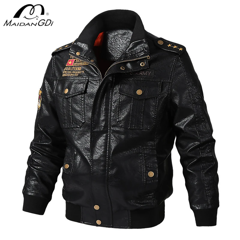 MAIDANGDI Men's Top Artificial Leather Jacket Men Plush Motorcycle Jacket Trend Youth Baseball Jersey Embroidered Dermis Leather