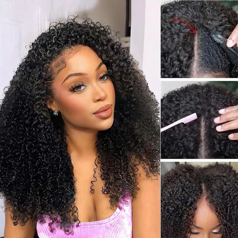 

Парик с V-образной частью из натуральных волос, без необходимости оставлять свои волосы, с тонкой частью, бразильские волосы, для женщин, 250% афро-кудрявый, без клея, V-образный парик