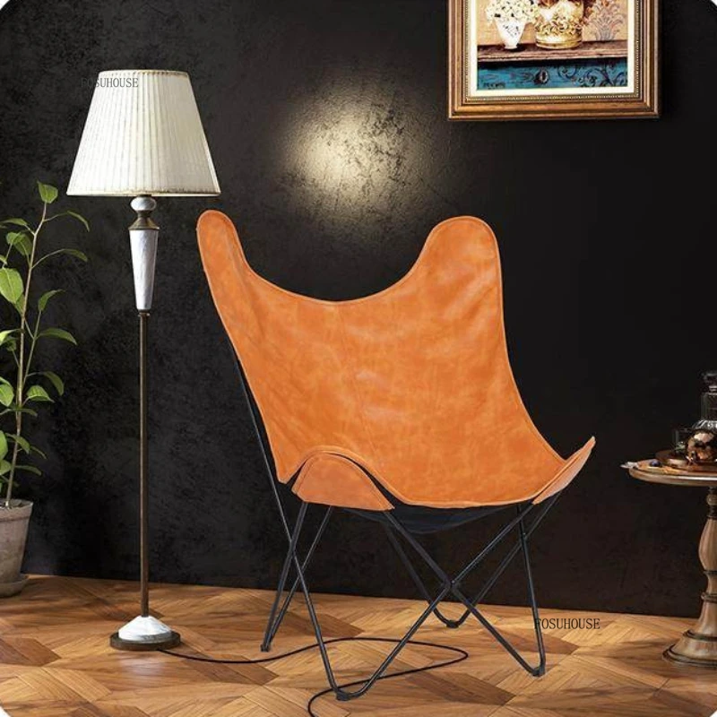 #Outdoor Balcony Study Lazy Beach Chairs Nordic Leather Living Room Foldable Chair Modern Minimalist Coffee Shop Backrest Chair