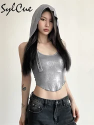 Nibber Silver Retro Matte Cyberpunk Fashionable High Street Sexy Mature Confident Cool Simple Women's Summer Thin Hooded Vest