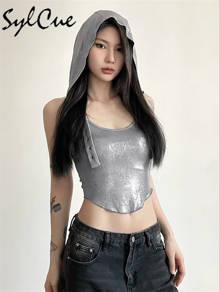 Nibber Silver Retro Matte Cyberpunk Fashion High Street Sexy Mature Confident Cool Simple Damska letnia cienka kamizelka z kapturem