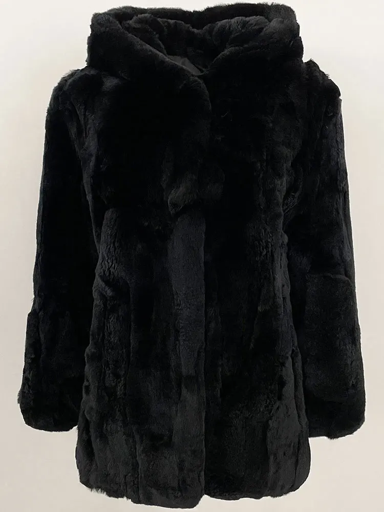 Women 2025 Winter Real Rabbit Fur Coat Natural Rabbit Fur Jacket Female Warm Hooded Solid Color Black Fur Jacket Women