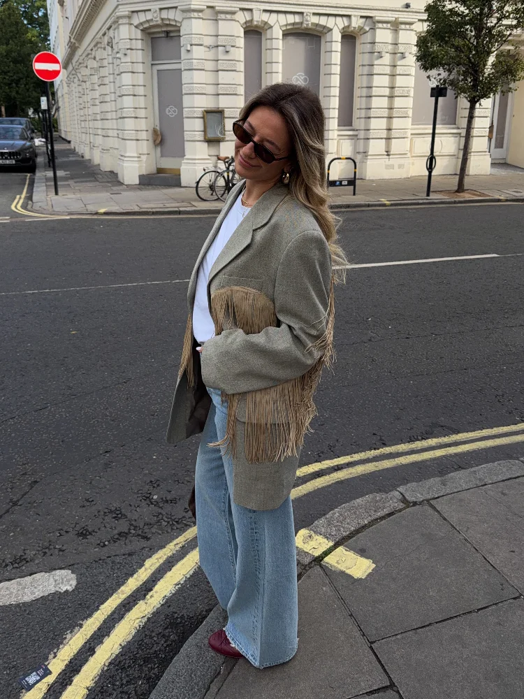 Effortless Loose Blazer Fringe Designers Vintage Fashion Loose Ladies Outerwear Casual Laid‑back Women Autumn Street Outfit