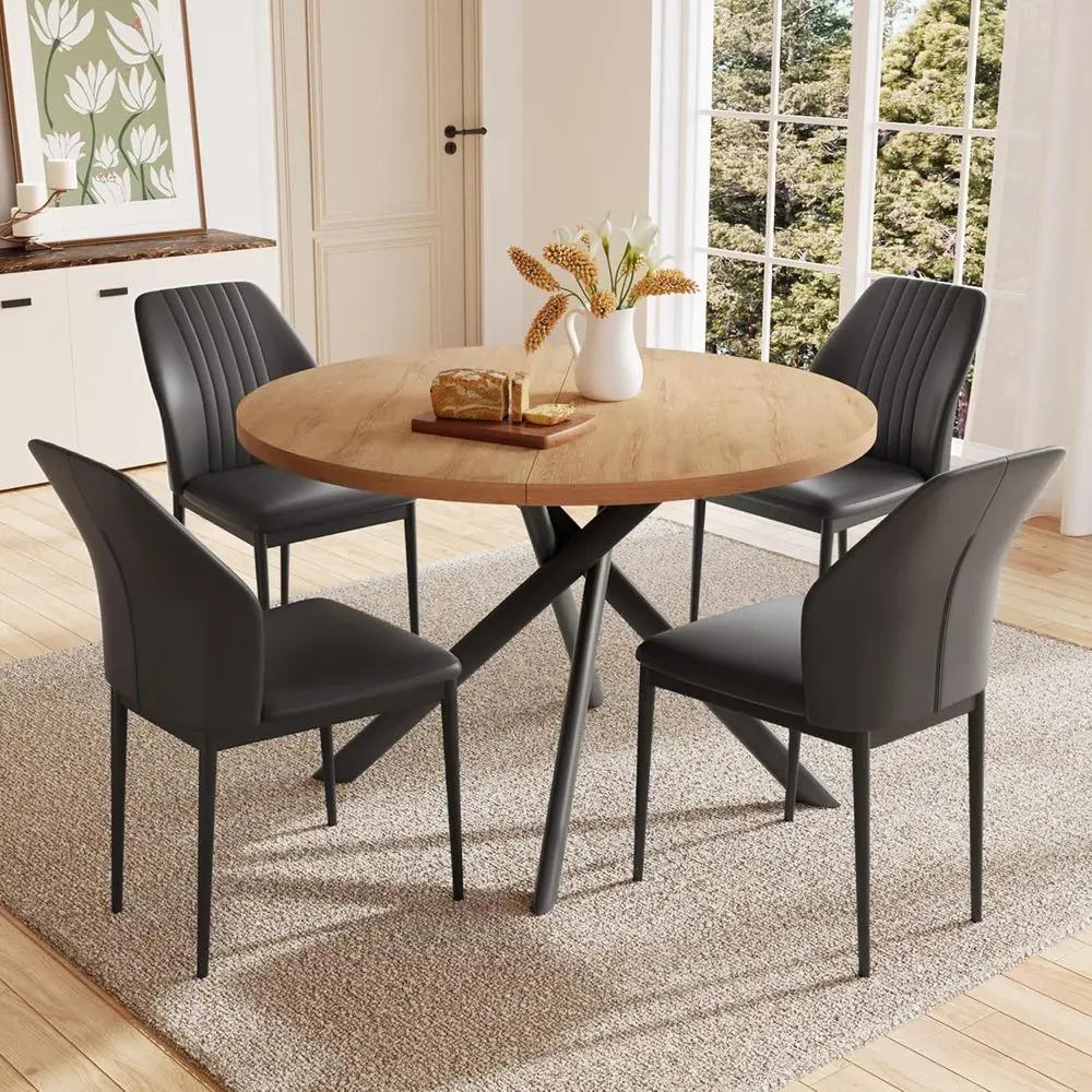 

45.3 Round Dining Table with 4 Chairs or Century-Style Kitchen Coffee Set (Oak Table + 4 Black Chairs)