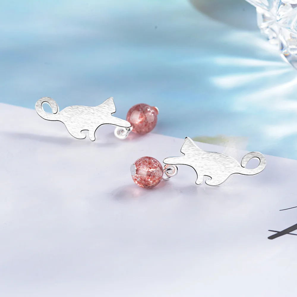 

925 Sterling Silver Cat Strawberry Crystal Ear Piercing Stud Earrings For Women Luxury Party Jewelry Accessories