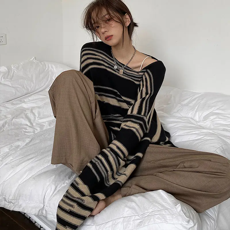 Striped Sweater Women Long Sleeve Loose Patchwork Gothic Knitted Jumpers Hip Hop Autumn Retro Oversize Pullover