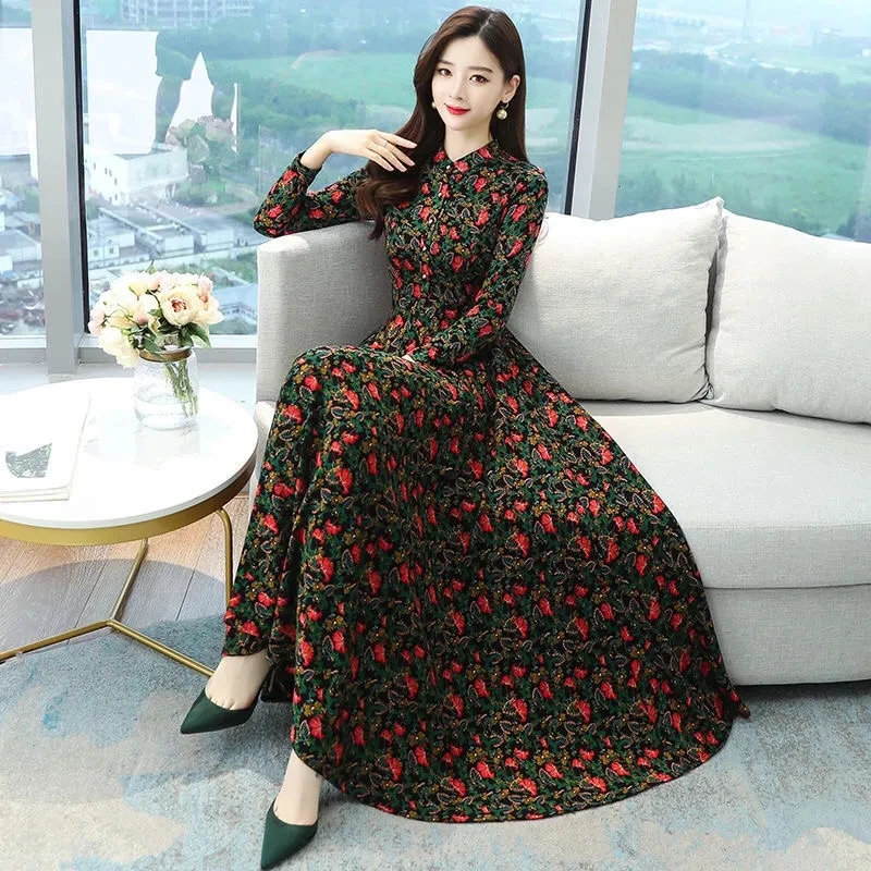 Women Spring Autumn Long Sleeve Dress Large Size Fragmented Flowers Slim Elegant Dress Mother Casual Maxi Printed Vestidos 4XL