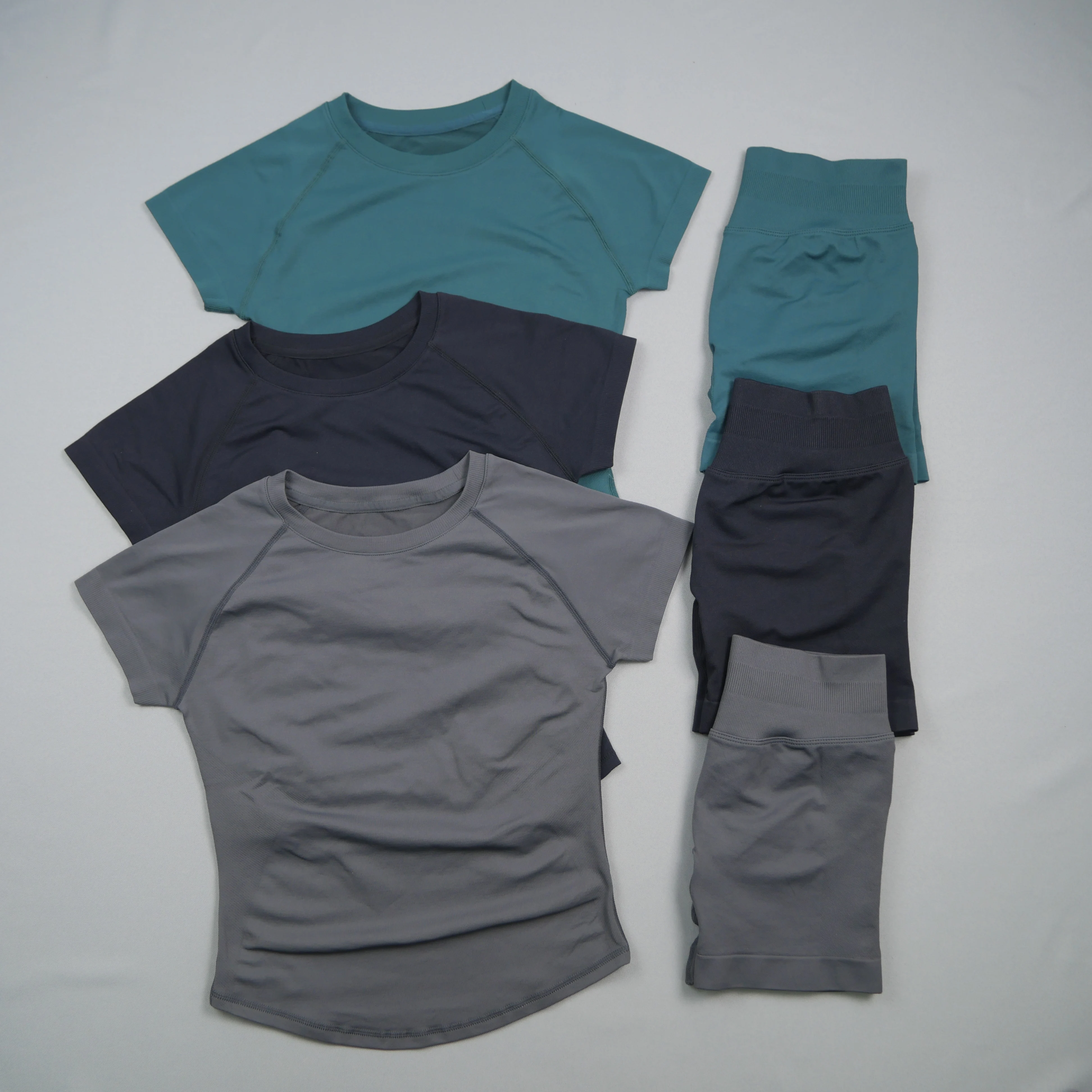 Women Seamless 2 Piece Sports Set Short Sleeve Top High Waist Shorts Quick Dry High Stretch Breathable Yoga Gym Workout Fitness