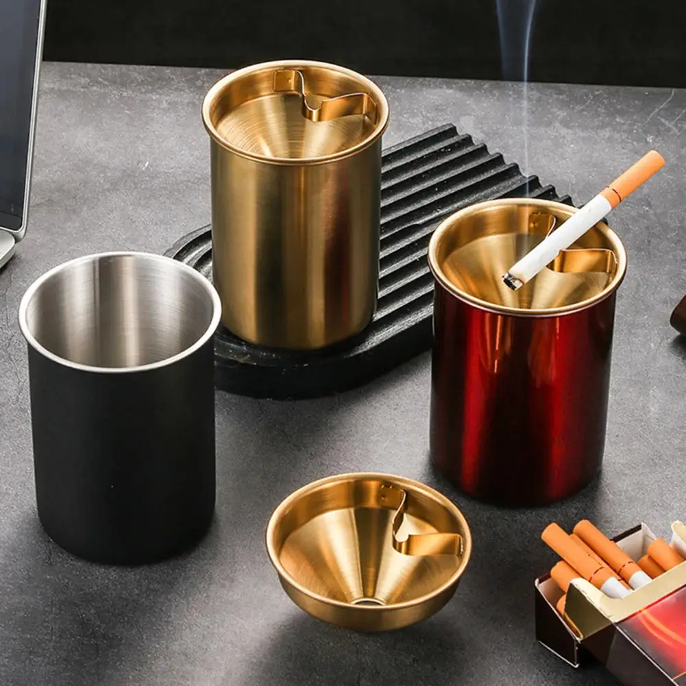 Stainless Steel Ashtray with Windproof Funnel-shape Lid Clip Large Capacity Heavy Duty Metal Desktop Ash Storage Holder