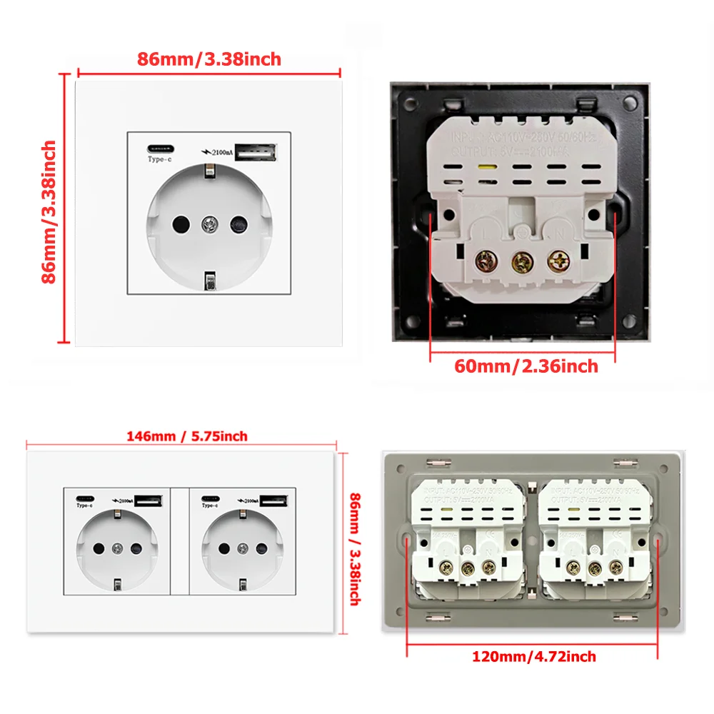 EIOMR EU Standard Power Socket, Single and Double 220V 16A White Black PC Panel EU Socket, Wall Usb Type-C Plugs Outlet for Home