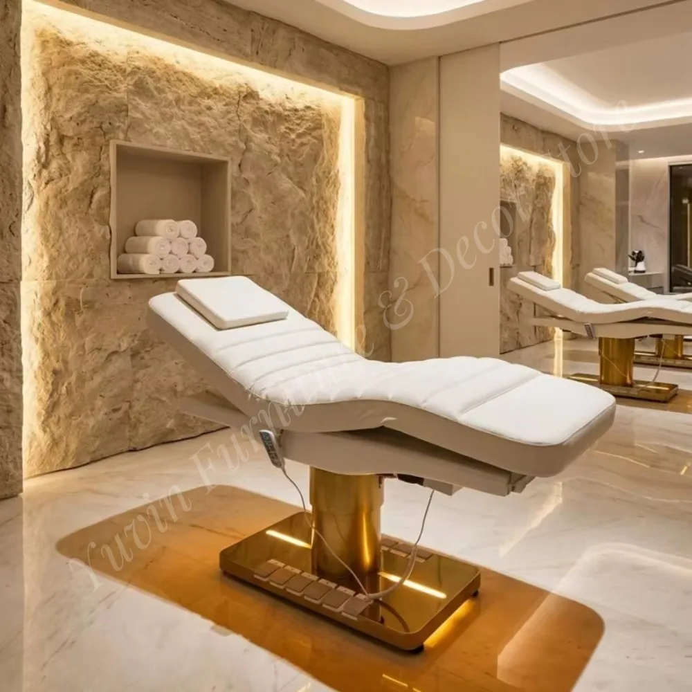 Luxury Electric Treatment Bed White Channel Stitched Leather Gold Base Adjustable Spa Facial Bed Wholesale OEM