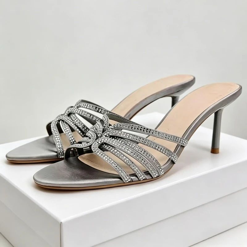 Luxury Diamond Designer Backless Heeled Sandals Women Summer 2026 Narrow Band Satin Party Shoes Fashion Brand Women's Slippers