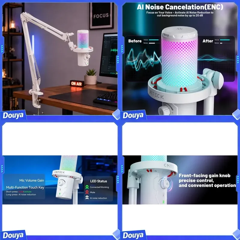 In Stock USB Type-C Computer Microphone Set Condenser Mic with Arm Noise Cancelling RGB Lighting Gaming for PC- White