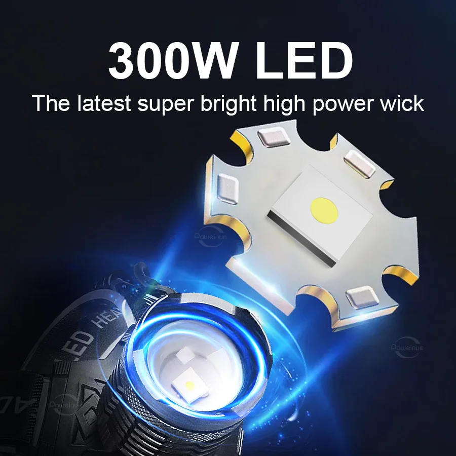 High Power 300W LED Headlight Super Bright Zoom 2km Headlamp 3000000LM Powerful Led Head Flashlight Rechargeable Camping Lantren