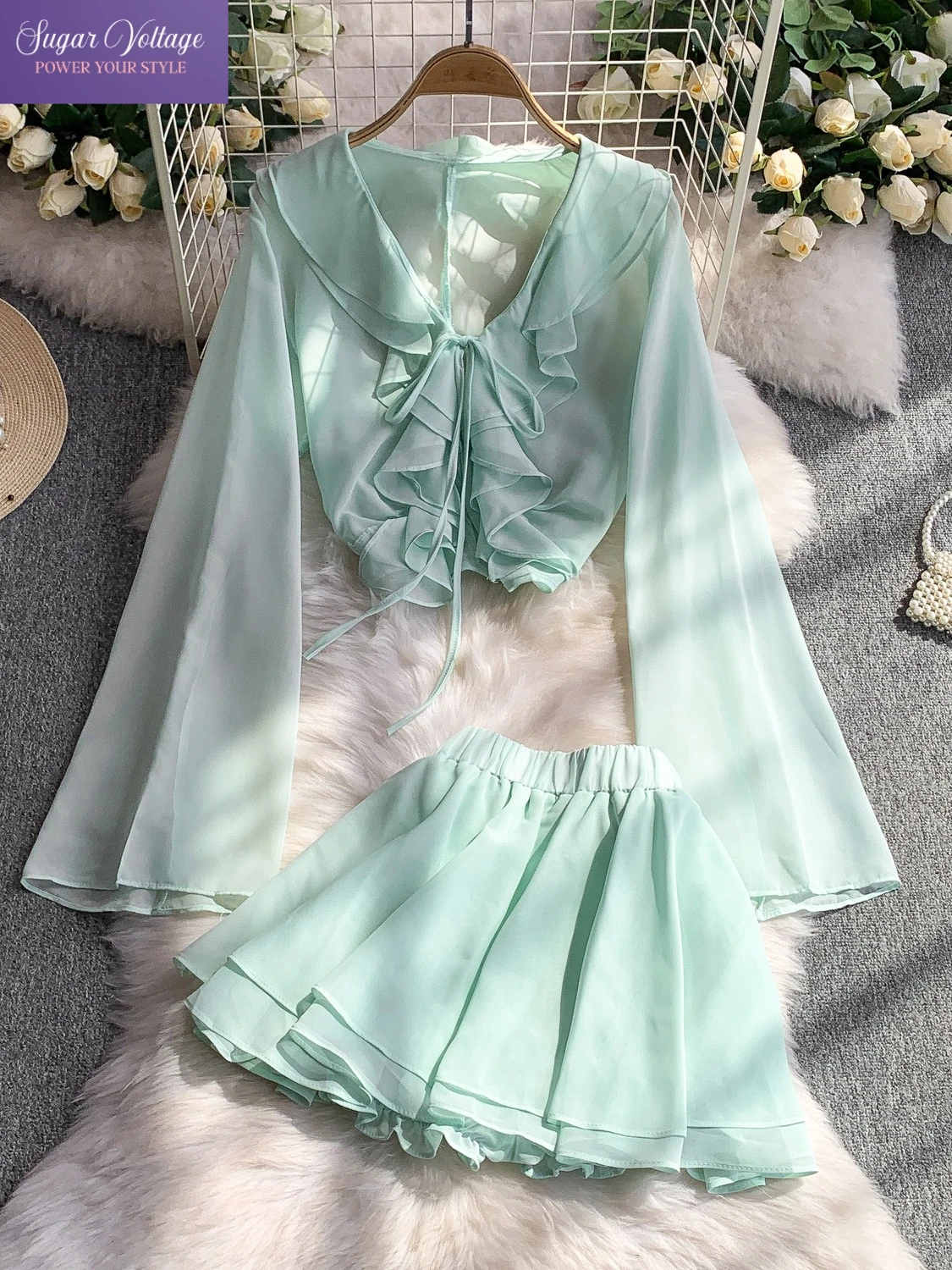 

Elegant Sweet French Ruffle Trim V Neck Sheer Front Blouse and High Waist Skirt 2 Piece Set Summer Lightweight Youthful Outfit