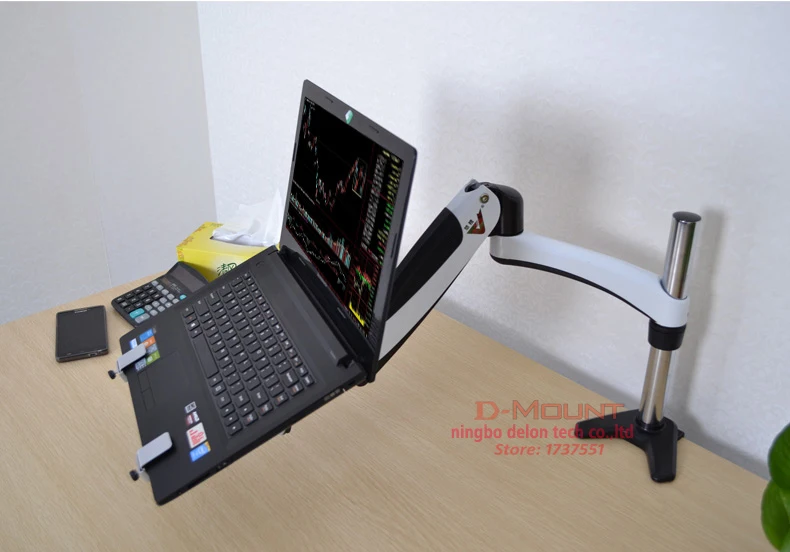 DL-GM112-LP1 full motion aluminum air press gas spring dual arm laptop desktop Mount swivel grommet hole clamp notebook tray