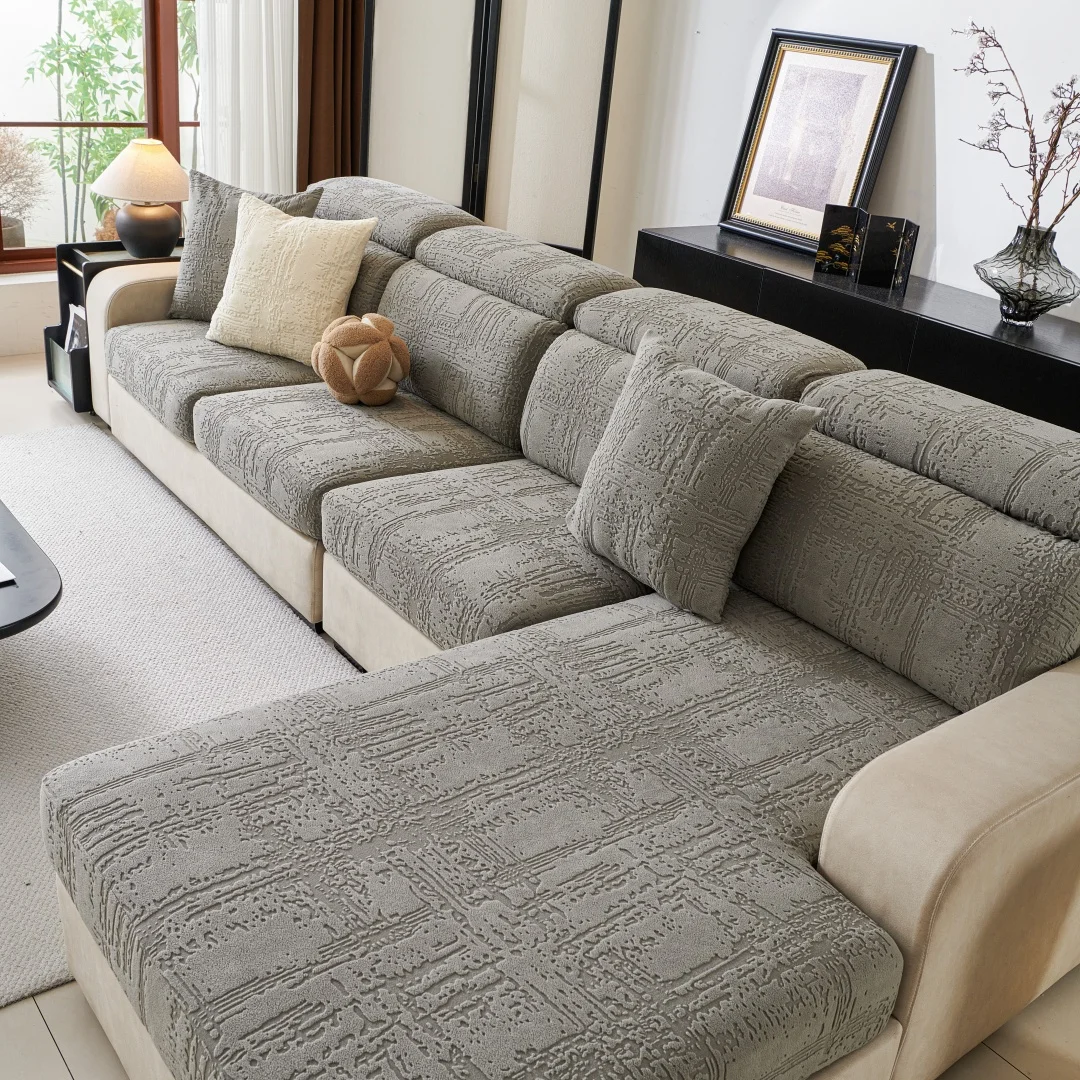 Geometric Lines Jacquard Stretchy Polar Fleece Sofa Cover for Living Room Couch Seat Slipcover Anti-Scratch Furniture Protector