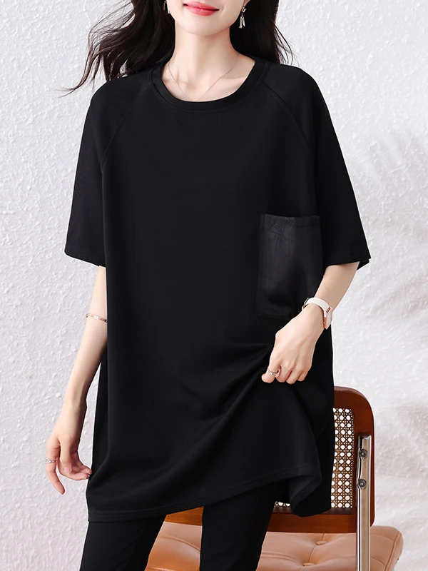 

Loose Fit round Ne ort Sve T-irt Women's Summer New Sle Lazy Sensation Bla Color Mid-Length Trendy Top
