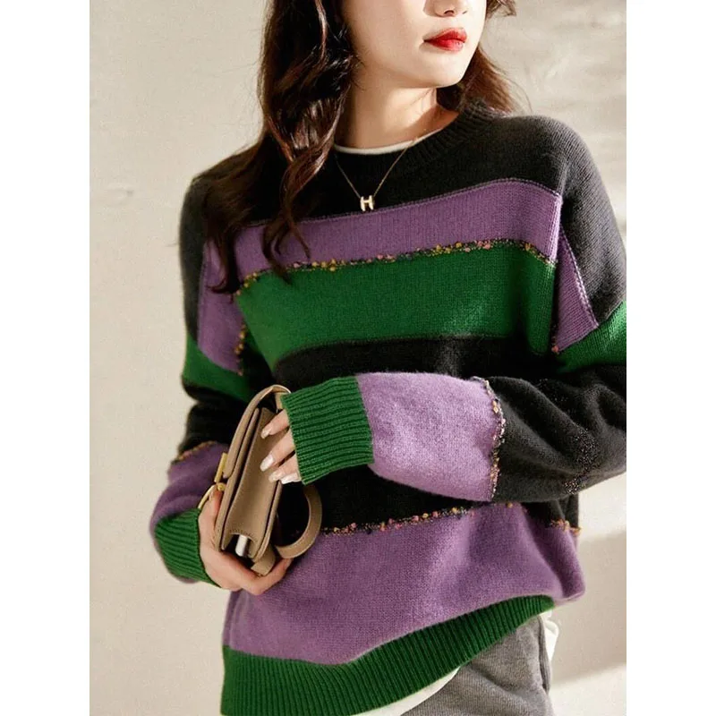 Autumn and Winter Fashion Korean Edition Spliced Colored Striped Round Neck Loose and Versatile Western Women\'s Knitted Sweater