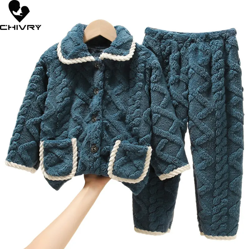 New Kids Boys Girls Autumn Winter Thicken Warm Flannel Pajama Sets Baby Single-breasted Lapel Solid Sleepwear Pyjamas Clothing